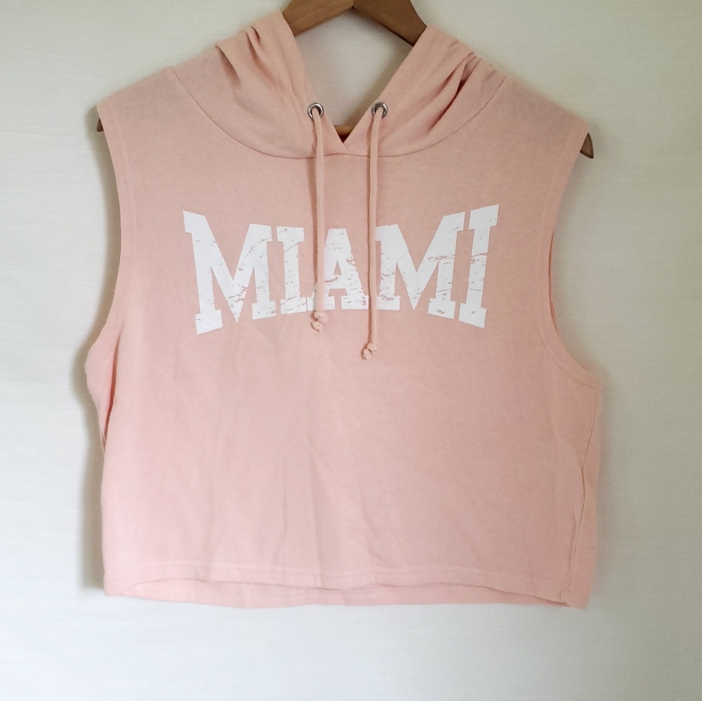 Miami Sleeveless Cropped Hoodie Pink Raw Edge Workout Casual Preppy LARGE